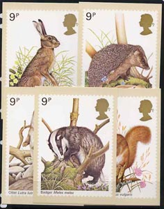 Great Britain 1977 British Wildlife set of 5 PHQ cards unused and pristine, stamps on , stamps on  stamps on animals    badger     squirrel    otter     hedgehogs      hare