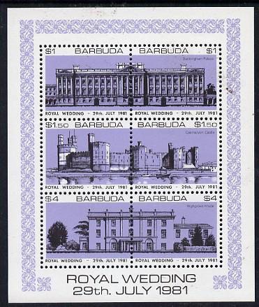 Barbuda 1981 Royal Wedding (Buildings) sheetlet containing set of 3 with lavender background (SG 566a) unmounted mint, stamps on royalty, stamps on diana, stamps on charles, stamps on    buildings