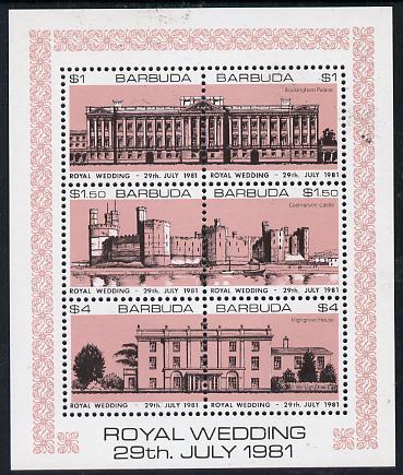 Barbuda 1981 Royal Wedding (Buildings) sheetlet containing set of 3 with rose-pink background (SG 566a) unmounted mint, stamps on royalty, stamps on diana, stamps on charles, stamps on    buildings