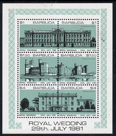 Barbuda 1981 Royal Wedding (Buildings) sheetlet containing set of 3 with turquoise-green background (SG 566a) unmounted mint, stamps on royalty, stamps on diana, stamps on charles, stamps on    buildings
