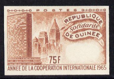 Guinea - Conakry 1965 International Co-operation Year 75f imperf proof of main design only, printed in brown on gummed side with ICY emblem in orange inverted on other side, as SG 503, stamps on communications, stamps on  icy , stamps on united nations