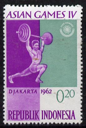 Indonesia 1962 Weightlifting 20s (from Asian Games set) unmounted mint SG 905, stamps on sport, stamps on weights, stamps on weightlifting