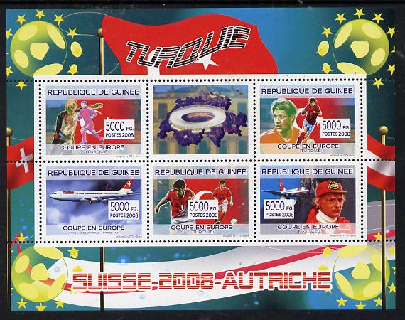 Guinea - Conakry 2008 European Football Championship - Turkey perf sheetlet containing 5 values plus label unmounted mint, stamps on football, stamps on aviation, stamps on  f1 , stamps on formala 1, stamps on cars, stamps on 