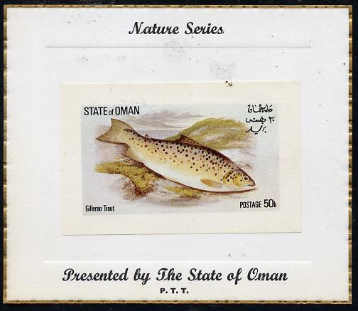 Oman 1972 Fish (Gilleroo Trout) imperf souvenir sheet (50b value) mounted on special 'Nature Series' presentation card inscribed 'Presented by the State of Oman', stamps on fish     marine-life