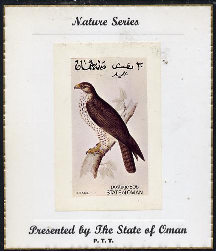 Oman 1972 Birds (Buzzard) imperf souvenir sheet (50b value) mounted on special 'Nature Series' presentation card inscribed 'Presented by the State of Oman', stamps on birds, stamps on birds of prey