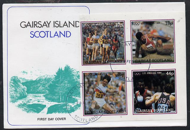 Gairsay 1984 Los Angeles Olympic Games imperf  block of 4 (Running, Long Jump & Boxing) on cover with first day cancel, stamps on sport     olympics      running    long jump        boxing