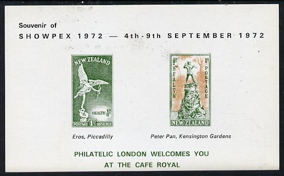Exhibition souvenir sheet for 1972 Showpex showing New Zealand Health Stamps (Statues of Peter Pan & Eros) unmounted mint, stamps on statues, stamps on stamp on stamp, stamps on ancient greece, stamps on cinderella, stamps on stamp exhibitions, stamps on stamponstamp, stamps on scots, stamps on scotland