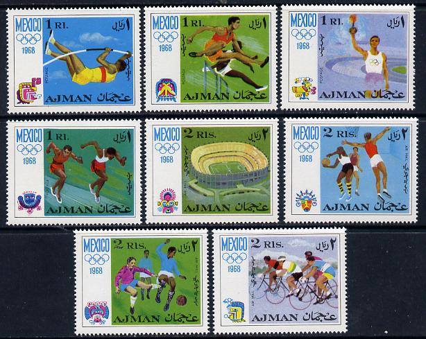 Ajman 1968 Mexico Olympics perf set of 8 unmounted mint Mi 247-54, stamps on olympics, stamps on sport, stamps on football, stamps on basketball, stamps on bicycles, stamps on running, stamps on hurdles, stamps on pole vault