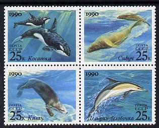 Russia 1990 Marine Mammals se-tenant set of 4 unmounted mint, SG 6187-90, Mi 6130-33, stamps on animals, stamps on marine-life, stamps on whales