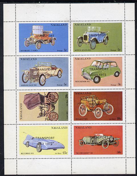 Nagaland 1972 Cars #2 (optd Transport Day 1973) perf  set of 8 values (1c to 50c) unmounted mint, stamps on cars    ford    austin     hispano     mini    fiat    renault     bluebird   rolls-royce