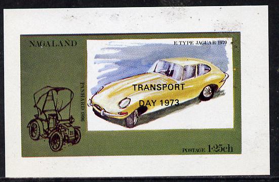 Nagaland 1972 Cars #2 (optd Transport Day 1973) imperf souvenir sheet (E-Type Jaguar 1.25ch value) unmounted mint, stamps on cars    jaguar