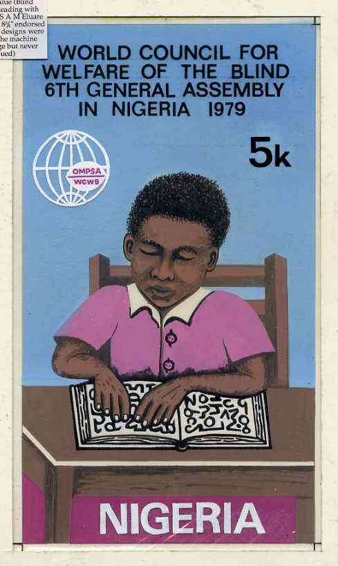 Nigeria 1979 World Council For Welfare For The Blind - original hand-painted artwork for 5k value (Blind Student Reading with Braille) by NSP&MCo Staff Artist S A M Eluar..., stamps on blind    disabled