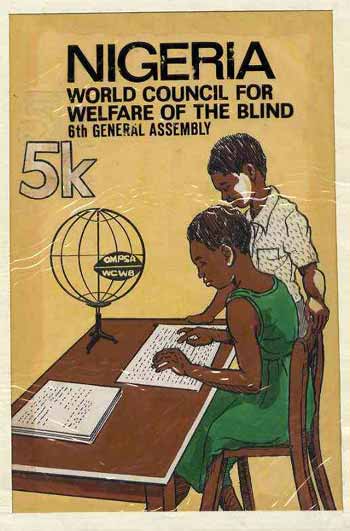 Nigeria 1979 World Council For Welfare For The Blind - original hand-painted artwork for 5k value (Blind Student Reading with Braille) artist unknown on card 5.5 x 8.5 en..., stamps on blind    disabled