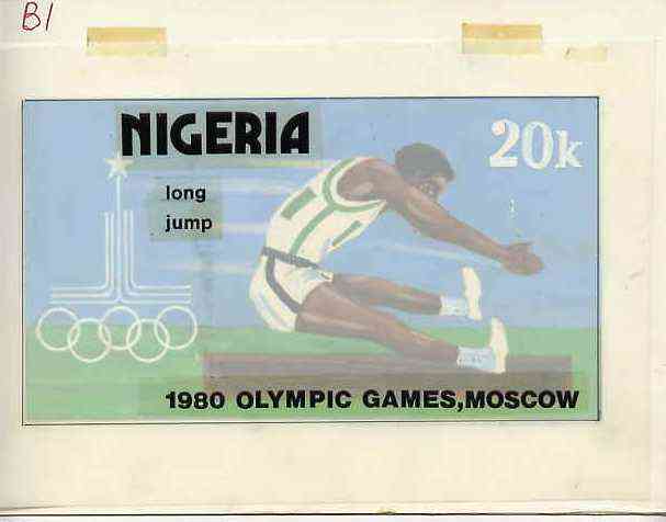 Nigeria 1980 Moscow Olympic Games - original hand-painted artwork for 20k value (Long Jump) by Godrick N Osuji on card 7.25 x 4 endorsed B1 , stamps on olympics     long jump      sport