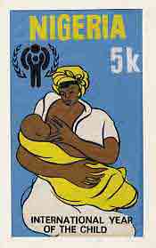 Nigeria 1979 Int Year of the Child - original hand-painted artwork for 5k value (Mother Breast Feeding Baby) by unknown artist on card 4 x 7 endorsed A4, stamps on children , stamps on  iyc , stamps on breast feeding