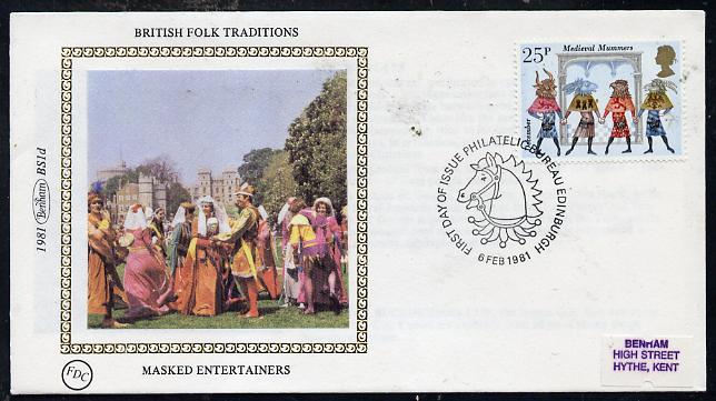 Great Britain 1981 Folklore 25p (Medieval Mummers) on Benham small silk cover with special first day cancel, stamps on dancing    folklore    masks