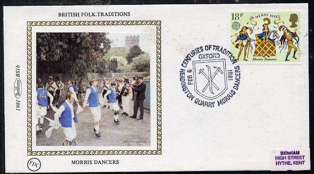 Great Britain 1981 Folklore 18p (Morris Dancers) on Benham small silk cover with special first day cancel, stamps on dancing    folklore