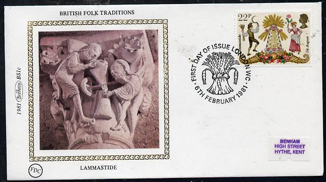 Great Britain 1981 Folklore 22p (Lammastide) on Benham small silk cover with special first day cancel, stamps on dancing    folklore      agriculture