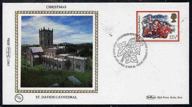 Great Britain 1982 Christmas 12.5p (While Shepherds Watched) on Benham small silk cover (St David's Cathedral) with special first day cancel, stamps on christmas    music    churches      cathedrals