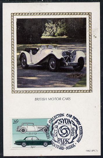 Great Britain 1982 British Motor Cars 26p (Jaguar) on Benham silk picture card with special first day cancel, stamps on cars    jaguar