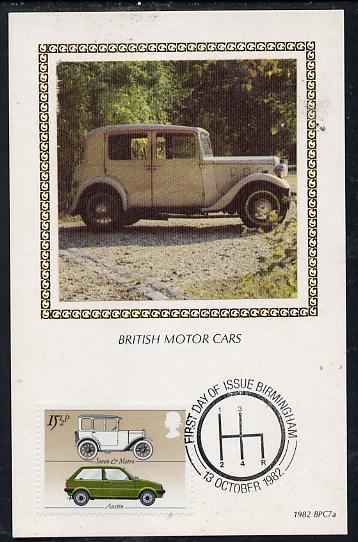Great Britain 1982 British Motor Cars 15.5p (Austin) on Benham silk picture card with special first day cancel, stamps on cars    austin