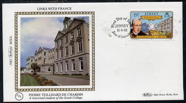 Jersey 1982 Links With France 19.5p (Pierre de Chardin) on Benham small silk cover with special first day cancel, stamps on philosophy, stamps on geology