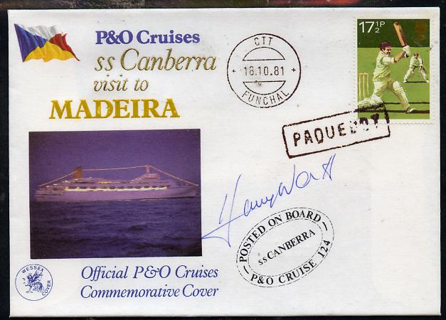 Great Britain 1981 P&O SS Canberra Cruise cover bearing Cricket 17.5p stamp cancelled PAQUEBOT and signed by Harry Worth, stamps on ships, stamps on comedy, stamps on entertainers, stamps on cricket, stamps on entertainments