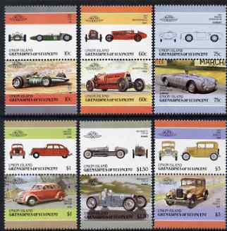 St Vincent - Union Island 1986 Cars #4 (Leaders of the World) set of 12 unmounted mint, stamps on cars    porsche    ford    brm     bugatti     fiat    chrysler