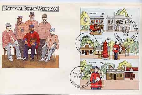 Australia 1980 National Stamp Week m/sheet on cover with first day cancels, SG MS 757, stamps on postal   postbox    postman