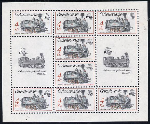 Czechoslovakia 1987 'Praga 88' Stamp Exhibition (2nd Issue) 4k Tank Locomotive in sheetlet of 8 plus 2 labels unmounted mint, from Communications set of 5 (SG 2882), stamps on railways, stamps on stamp exhibitions