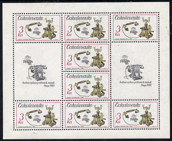 Czechoslovakia 1987 Praga 88 Stamp Exhibition (2nd Issue) 3k Telephone in sheetlet of 8 plus 2 labels unmounted mint, from Communications set of 5 (SG 2880), stamps on telephones    communications, stamps on stamp exhibitions