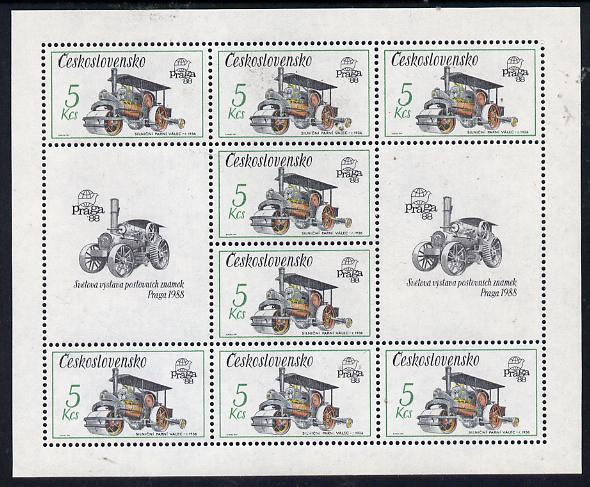 Czechoslovakia 1987 'Praga 88' Stamp Exhibition (2nd Issue) 5k Steam Roller in sheetlet of 8 plus 2 labels unmounted mint, from Communications set of 5 (SG 2884), stamps on civil engineering     roads, stamps on stamp exhibitions
