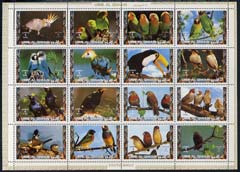 Umm Al Qiwain 1972 Exotic Birds #2 sheetlet containing 16 values with perforatins doubled at top (affects 4 stamps) as Mi 1402-17A, stamps on birds    parrots