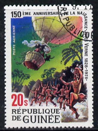 Guinea - Conakry 1979 Birth Anniversary of Jules Verne (Author) 20s (Five Weeks in a Balloon) fine used, SG 1003, stamps on aviation, stamps on airships, stamps on literature, stamps on books, stamps on underwater, stamps on sci-fi