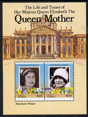 Tuvalu - Funafuti 1985 Life & Times of HM Queen Mother (Leaders of the World) m/sheet showing Blenheim Palace unmounted mint, stamps on , stamps on  stamps on royalty      queen mother    buildings