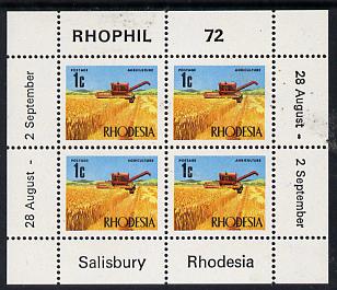 Rhodesia 1972 'Rhophil 72' Stamp Exhibition sheetlet containing 4 x 1c (Wheat) unmounted mint, SG MS 474, stamps on , stamps on  stamps on agriculture, stamps on  stamps on food, stamps on  stamps on wheat, stamps on  stamps on stamp exhibitions  
