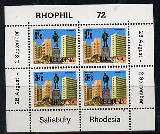 Rhodesia 1972 'Rhophil 72' Stamp Exhibition sheetlet containing 4 x 3.5c (Statue of Rhodes) unmounted mint, SG MS 476, stamps on statues.personalities, stamps on constitutions, stamps on stamp exhibitions