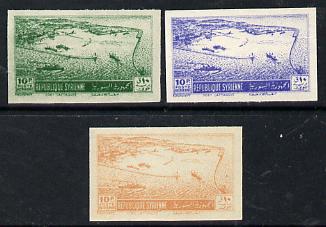 Syria 1950 Port of Latakia 10p three imperf coulur trials (in blue, yellow & green) as SG 498, stamps on ports