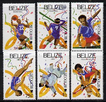 Belize 1988 Seoul Olympic Games perf set of 6 unmounted mint SG 1038-43, stamps on olympics, stamps on basketball, stamps on volleyball, stamps on table tennis, stamps on diving, stamps on jodo, stamps on hockey, stamps on field hockey, stamps on martial arts