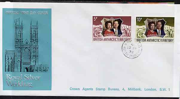 British Antarctic Territory 1972 Royal Silver Wedding set of 2 on cover with first day cancel, stamps on royalty, stamps on silver wedding