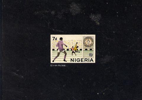 Nigeria 1973 Second All Africa Games - delightful stamp sized hand-painted artwork showing Football with value expressed as 7d (the issue was released showing the new cur..., stamps on football    sport