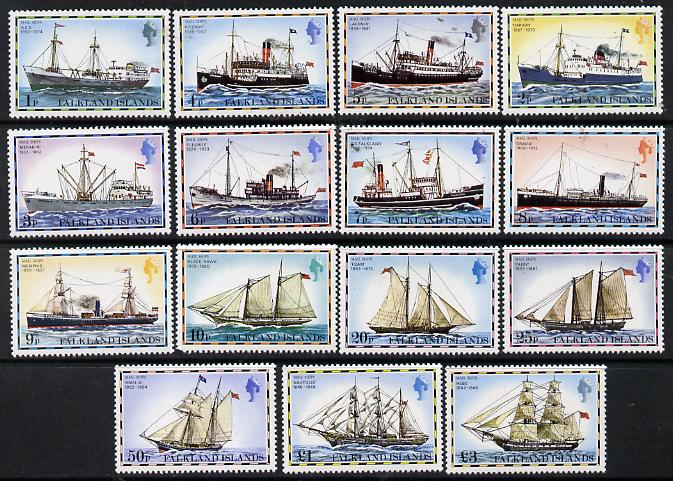 Falkland Islands 1978 Mail Ships complete definitive set of 15 values 1p to £3 without imprint date unmounted mint, SG 331-45A, stamps on ships