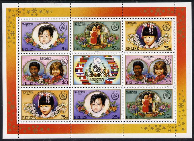 Belize 1986 International Peace Year perf sheetlet containing 2 sets of 4 plus label unmounted mint SG 957-60, stamps on peace, stamps on children