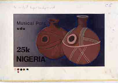 Nigeria 1990 Pottery - original hand-painted artwork for 25k value (Musical Pot) by Hilda Woods similar to issued stamp on card 8.5 x 5 endorsed C5, stamps on crafts    music   pottery