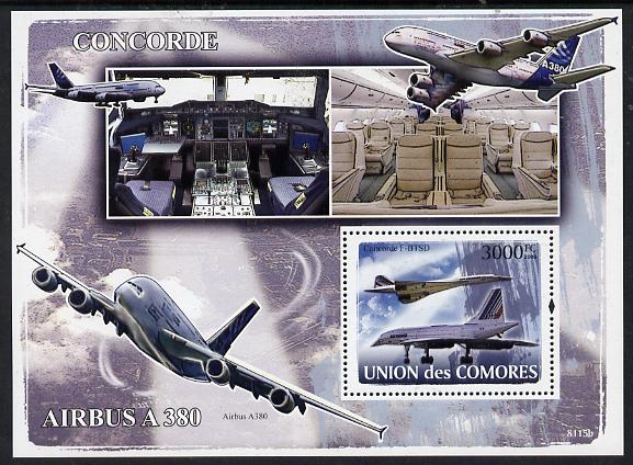Comoro Islands 2008 Concorde & Airbus perf s/sheet unmounted mint Michel BL447, stamps on aviation, stamps on concorde