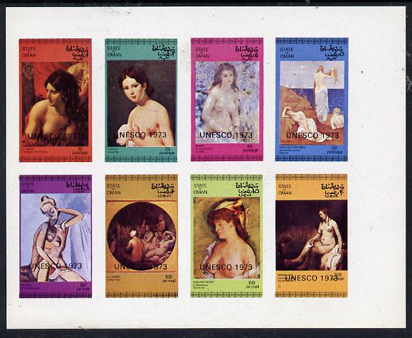 Oman 1973 Paintings of Nudes (optd UNESCO 1973) imperf  set of 8 values (1b to 20b) unmounted mint, stamps on arts, stamps on nudes, stamps on unesco, stamps on united nations, stamps on david, stamps on renoir, stamps on chavannes, stamps on picasso, stamps on ingres, stamps on manet, stamps on rembrandt