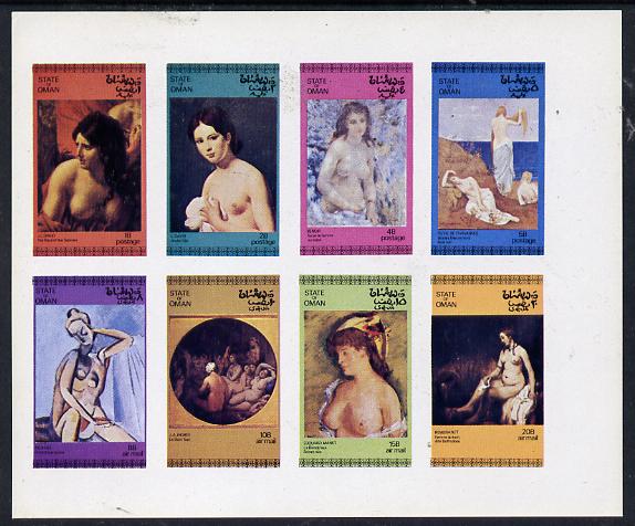 Oman 1972 Paintings of Nudes imperf  set of 8 values (1b to 20b) unmounted mint, stamps on arts, stamps on nudes, stamps on david, stamps on renoir, stamps on chavannes, stamps on picasso, stamps on ingres, stamps on manet, stamps on rembrandt