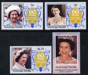 Tuvalu - Nanumaga 1986 Queen Elizabeth 60th Birthday set of 4 unmounted mint, stamps on royalty     60th birthday