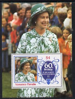 Tuvalu - Nanumea 1986 Queen Elizabeth 60th Birthday $4 m/sheet unmounted mint, stamps on royalty     60th birthday