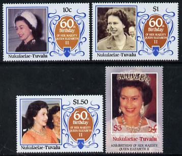 Tuvalu - Nukulaelae 1986 Queen Elizabeth 60th Birthday set of 4 unmounted mint, stamps on royalty     60th birthday